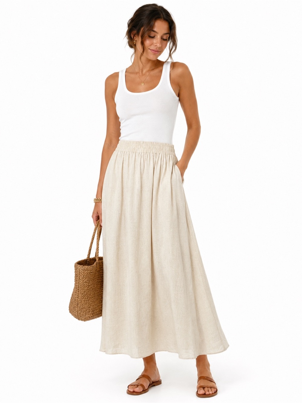 NWT Miou Muse Linen Cotton Maxi Skirt Elastic Waist Lined Cream M Summer